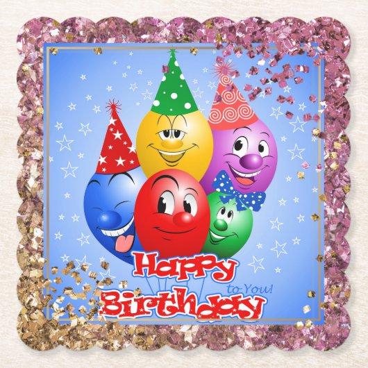Cheerful Birthday-ballonnen Kartonnen Onderzetters (Voorkant)