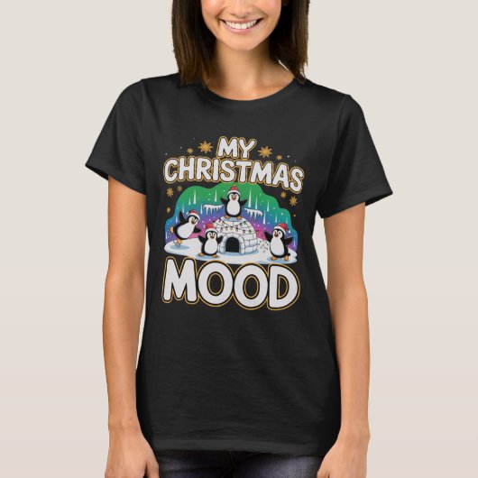 Cheerful Black Festive Penguin Igloo Christmas T-shirt (Voorkant)