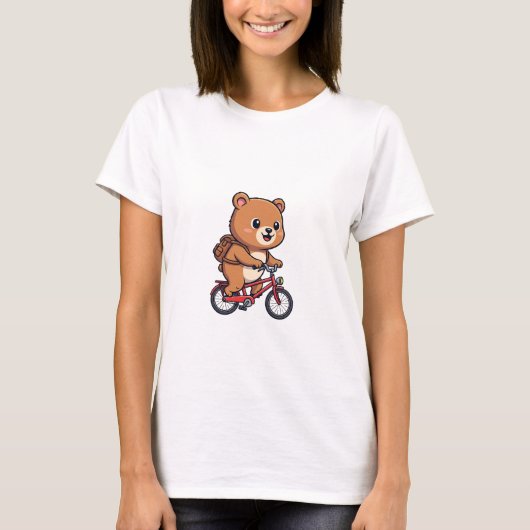 Cheerful Brown Bear Riding Red Bicycle T-shirt (Voorkant)
