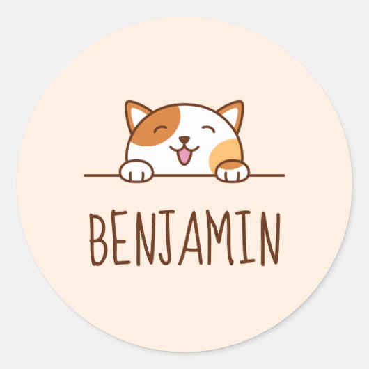 Cheerful Calico Cat Peking boven Douanenaam Ronde Sticker (Voorkant)