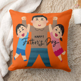 Cheerful Cartoon Dad Hugging Two Kids Kussen