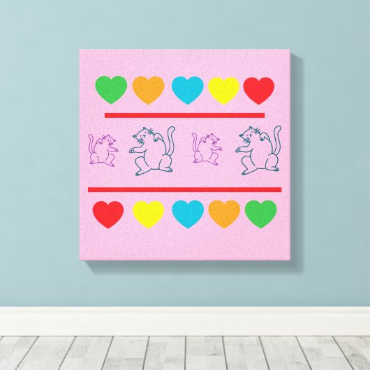 Cheerful Cats & Rainbow Hearts Canvas Print (Insitu (Houten vloer))