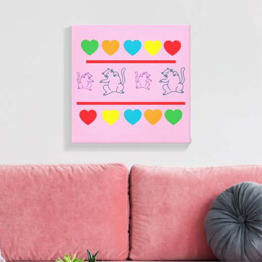 Cheerful Cats & Rainbow Hearts Canvas Print (Insitu (Woonkamer))