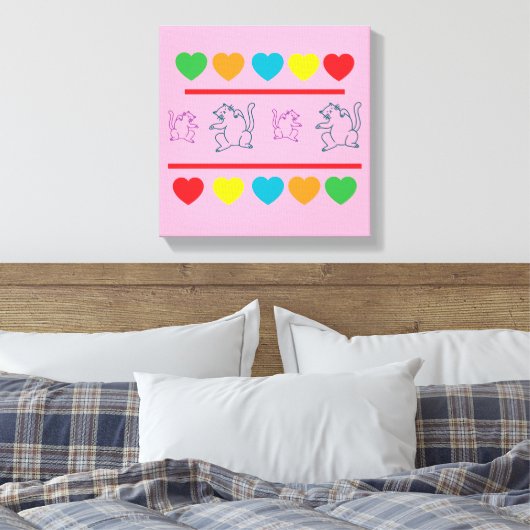 Cheerful Cats & Rainbow Hearts Canvas Print (Insitu (Slaapkamer))