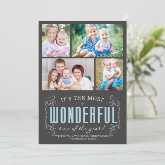 Cheerful Chalkboard Holiday 4-Photos Flat Card Feestdagenkaart (Staand voorkant)