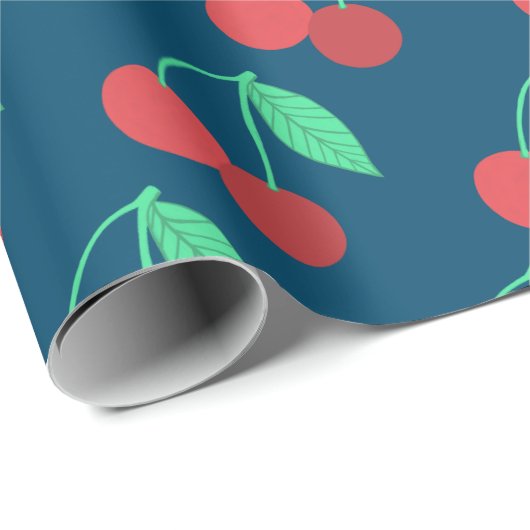 Cheerful Cherries Fruity Fun Pattern Red Blue Cadeaupapier (Rol Hoek)