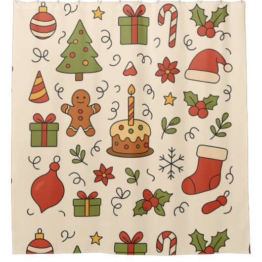 Cheerful Christmas Doodle Pattern Douchegordijn (Voorkant)