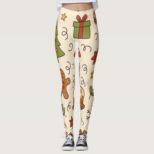 Cheerful Christmas Doodle Pattern Leggings (Voorkant)