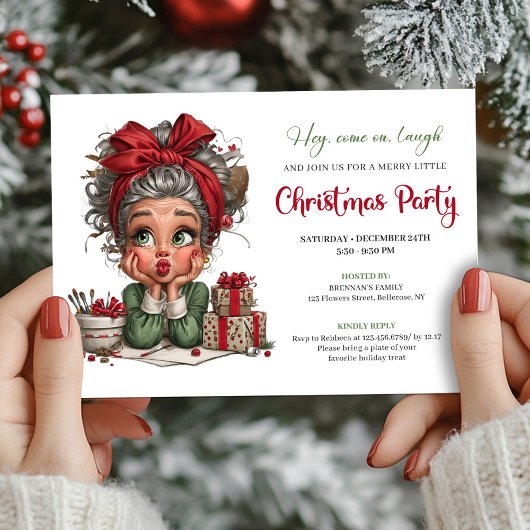 Cheerful Christmas Grandma Comic Party Invitation Kaart