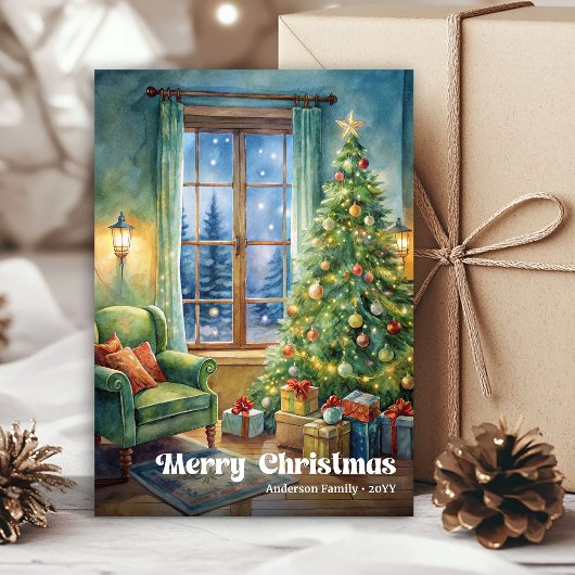 Cheerful Christmas scene card rustic holiday tones Feestdagenkaart