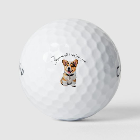 Cheerful Corgi 'Stay Pawsitive and Swing On!' Fun Golfballen (Voorkant)