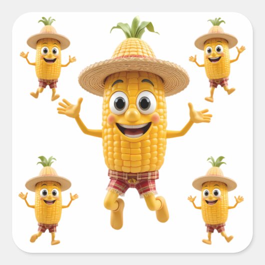 Cheerful Corn Characters Celebrating Life Vierkante Sticker (Voorkant)