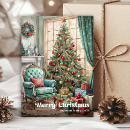 Cheerful cozy Christmas interior rustic red green Feestdagenkaart