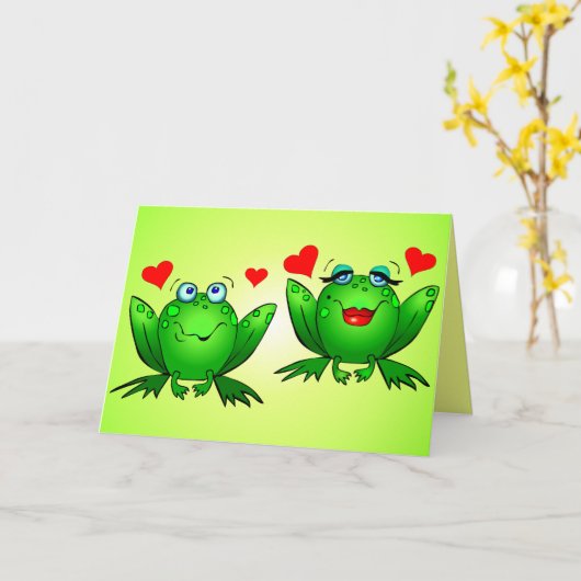 Cheerful Cute Cartoon Frogs Hearts Fun Kaart (Gele Bloem)
