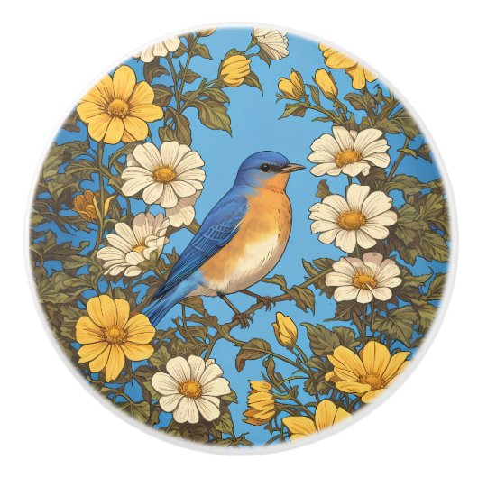 Cheerful Eastern Bluebird Yellow and White Flowers Keramische Knop (Voorkant)