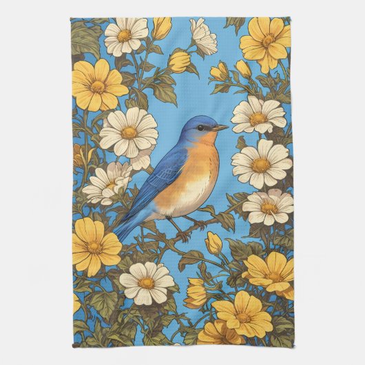 Cheerful Eastern Bluebird Yellow and White Flowers Theedoek (Verticaal)