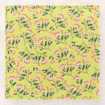Cheerful Floral Pattern: Pink Flowers  Glazen Onderzetter<br><div class="desc">Patterned design with pink flowers and dark green leaves scattered on a bright yellow background. The floral motif is cheerful and lively.</div>