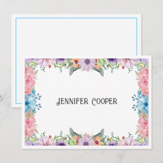 Cheerful Flower Border Custom Name Note Kaart Notitiekaartje (Voorkant / Achterkant)