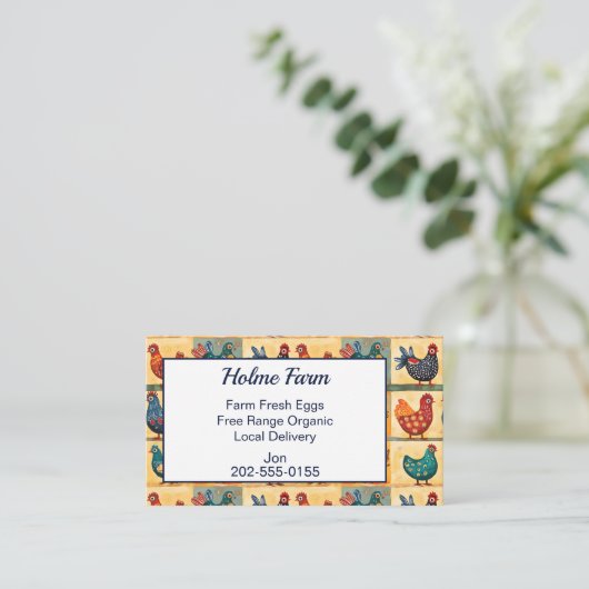 Cheerful Folk Art Chicken Egg Visitekaartje (Staand voorkant)