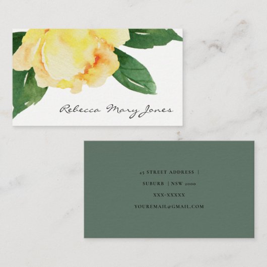 CHEERFUL GEEL WATERVERF FLORAAL ADRES VISITEKAARTJE (Voorkant / Achterkant)