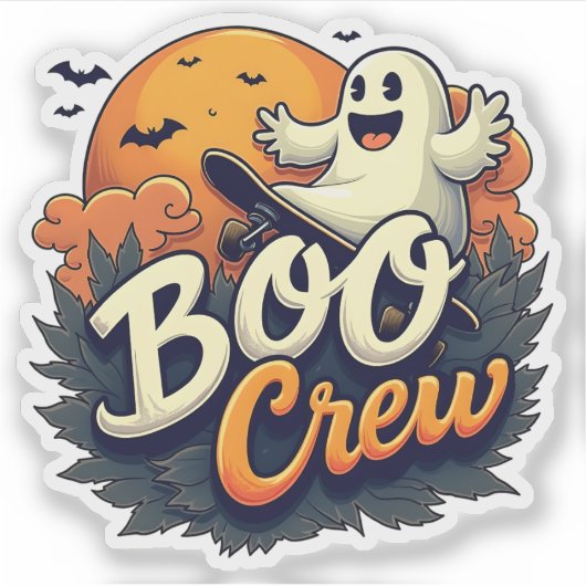 Cheerful Ghost "Boo Crew" Halloween Sticker (Voorkant)