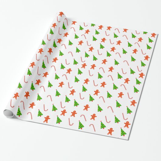 Cheerful Ginger Bread Man Candy Cane TreKerstmis Cadeaupapier (Uitgerold)