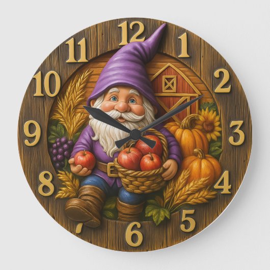 Cheerful gnome with apple basket harvest grote klok (Voorkant)
