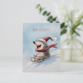 Cheerful hedgehog rides sled down, Christmas Briefkaart (Staand voorkant)