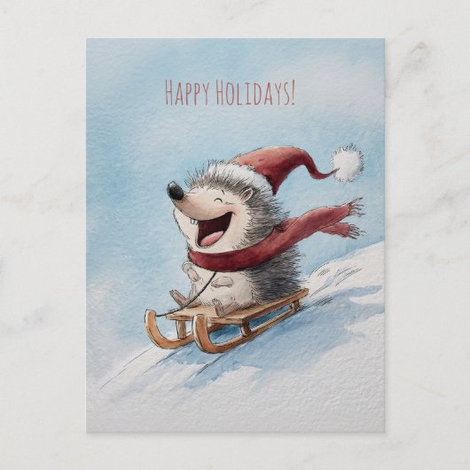 Cheerful hedgehog rides sled down, Christmas Briefkaart (Voorkant)