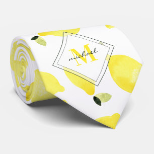 Cheerful Lemons Pattern Yellow Monogram Name White Stropdas