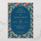 Cheerful Navy Botanical Cactus and Flowers Folie Uitnodiging (Voorkant)