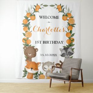 Cheerful Oranje Citrus Woodland Birthday Welcome Wandkleed