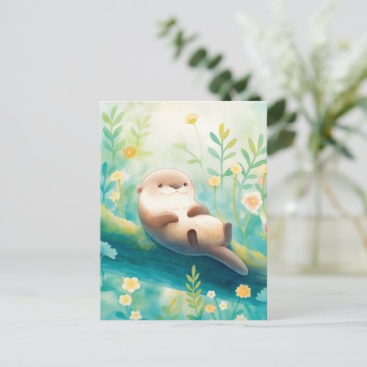 Cheerful Otter on Mossy River Log Briefkaart (Staand voorkant)