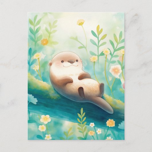 Cheerful Otter on Mossy River Log Briefkaart (Voorkant)