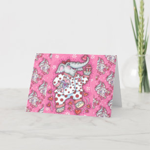 CHEERFUL PACHYDERM IN PINK PAJAMAS, HEART CUPCAKE FEESTDAGEN KAART