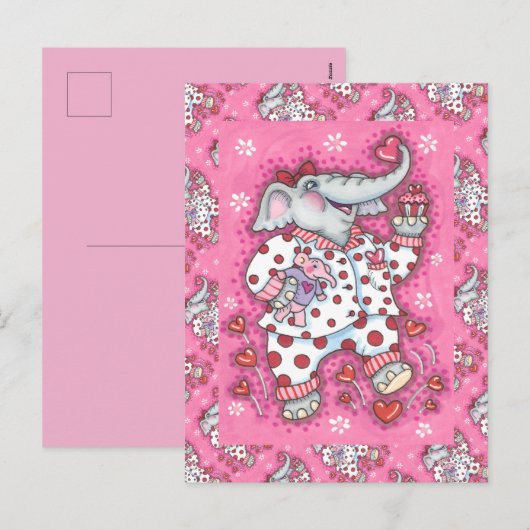 CHEERFUL PACHYDERM IN PINK PAJAMAS, HEART CUPCAKE FEESTDAGENKAART (Voorkant / Achterkant)