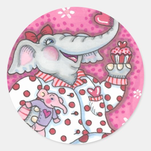 CHEERFUL PACHYDERM IN PINK PAJAMAS, HEART CUPCAKE RONDE STICKER (Voorkant)