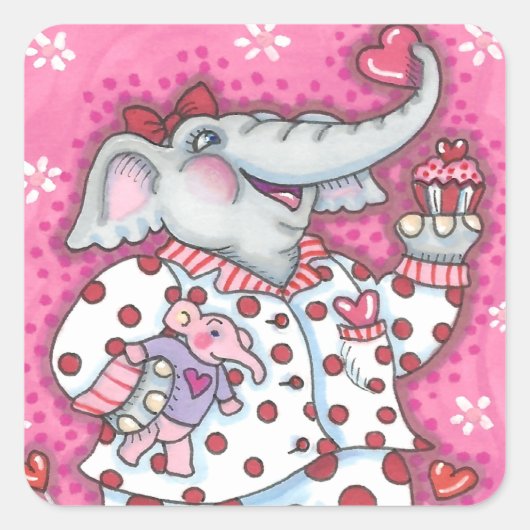 CHEERFUL PACHYDERM IN PINK PAJAMAS, HEART CUPCAKE VIERKANTE STICKER (Voorkant)