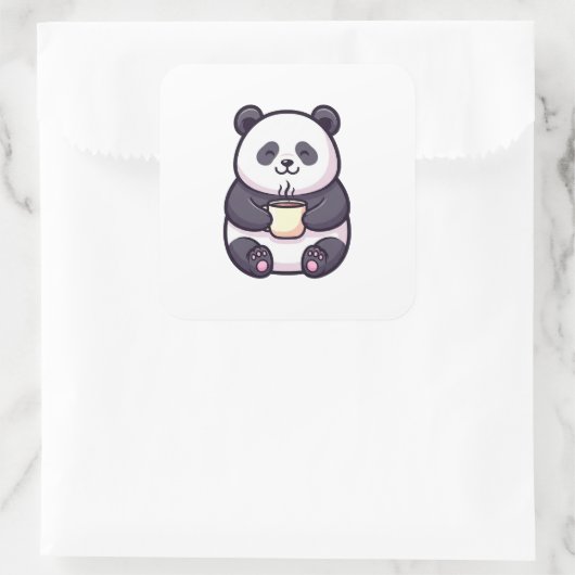 Cheerful Panda with Tea – Cute Whimsical Illustrat Vierkante Sticker (Tas)