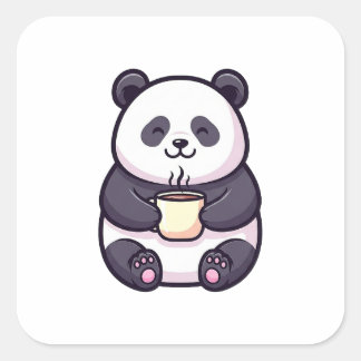 Cheerful Panda with Tea – Cute Whimsical Illustrat Vierkante Sticker