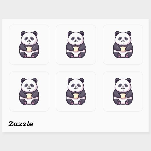 Cheerful Panda with Tea – Cute Whimsical Illustrat Vierkante Sticker (Vel)