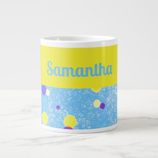 Cheerful Personalized Polka Dots on Blue Jumbo Grote Koffiekop (Voorkant)