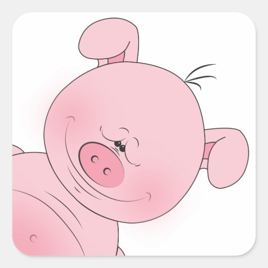 Cheerful Pink Pig Cartoon Vierkante Sticker (Voorkant)