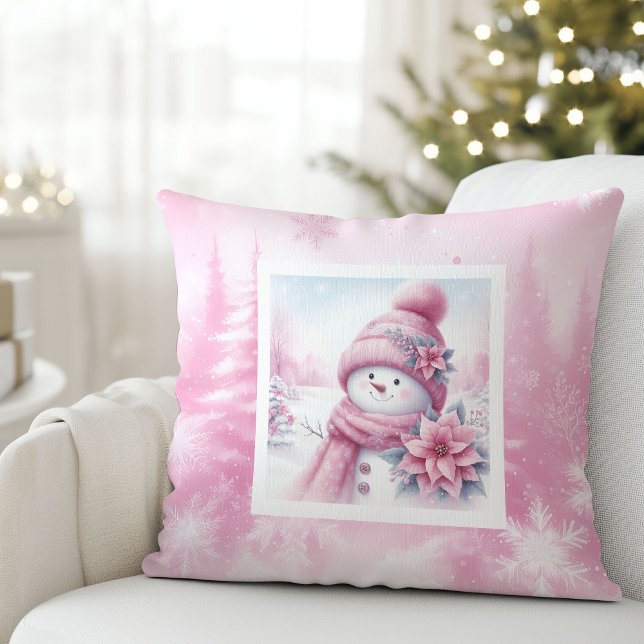 Cheerful Pink Snowman Pinkmas Forest Gift Pillow Kussen (Cheerful Pink Snowman Pinkmas Forest Gift Pillow)