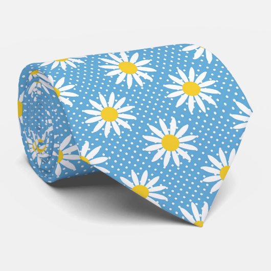 Cheerful Powder Blue Retro Daisy Flower Polka Dot  Stropdas (Opgerold)