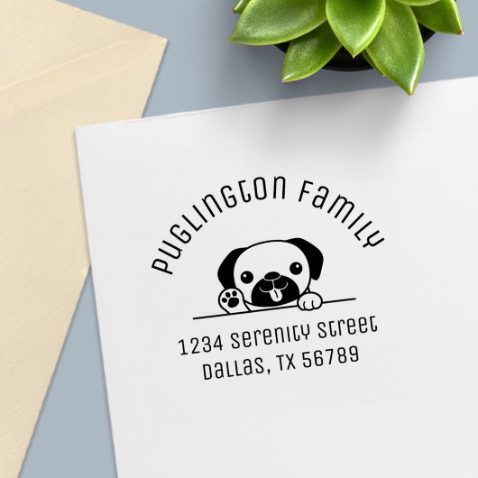 Cheerful Pug Dog Peeking Arch Adres Zelfinktende Stempel