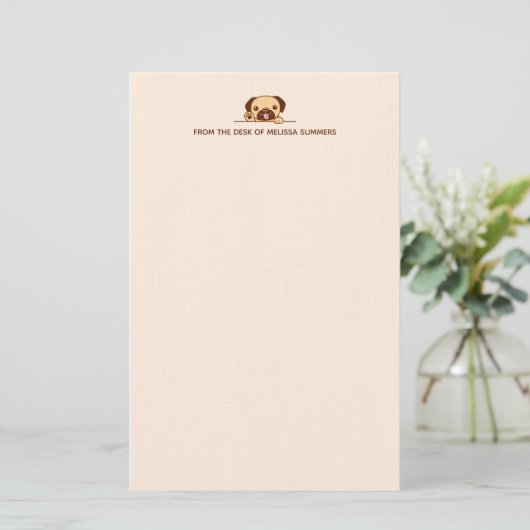 Cheerful Pug Dog Peking boven Custom Text Beige Briefpapier (Staand voorkant)