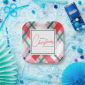 Cheerful Red Green Pink Christmas Plaid Papieren Bordje (Feest)