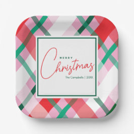 Cheerful Red Green Pink Christmas Plaid Papieren Bordje