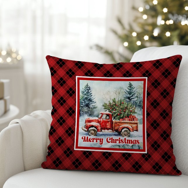 Cheerful red truck Christmas scene rustic bold  Kussen (Cheerful red truck Christmas scene rustic bold pillow joy

)
